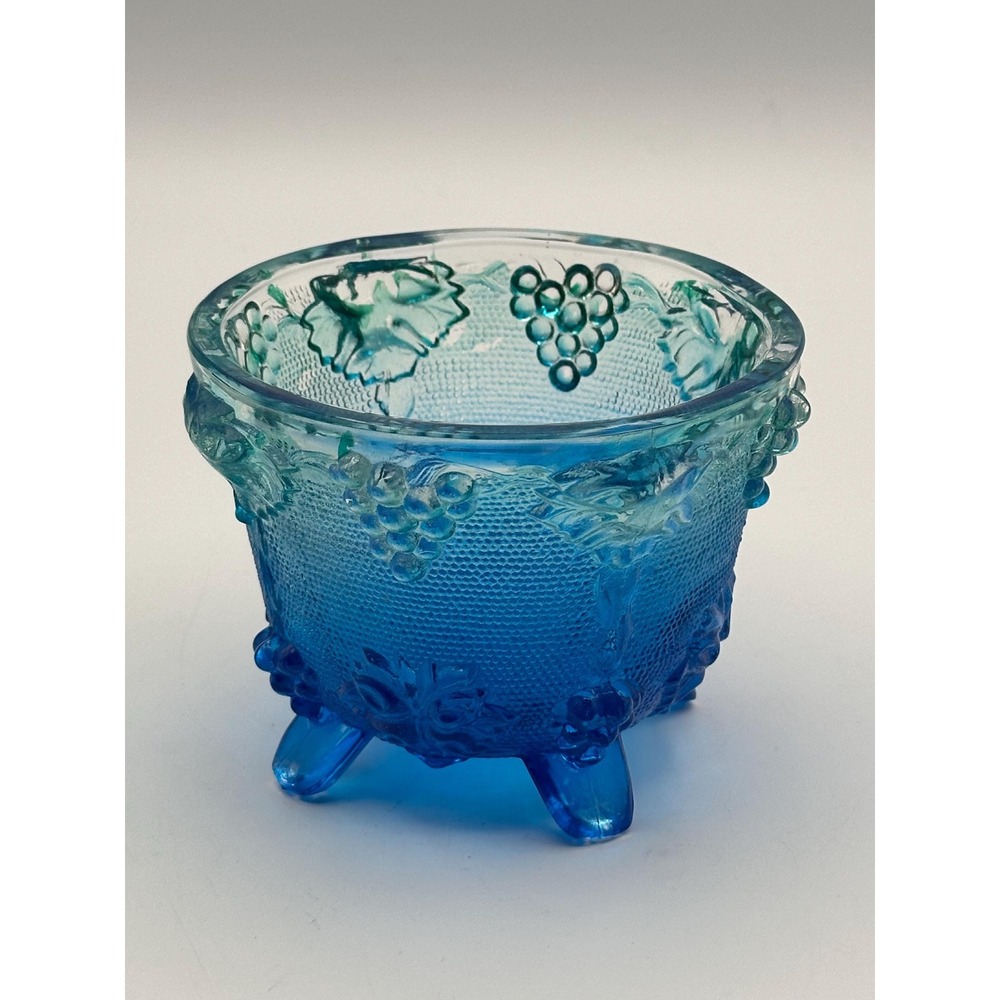 Vintage Jeannette Glass Footed Candy Dish Blue Embossed Grapevine Pattern